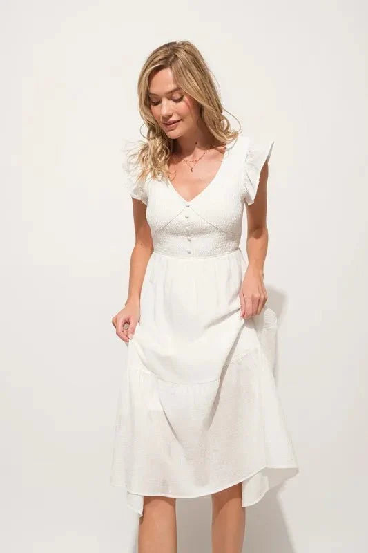 Midi Dress Ruffle Sleeve Smocked Tiered