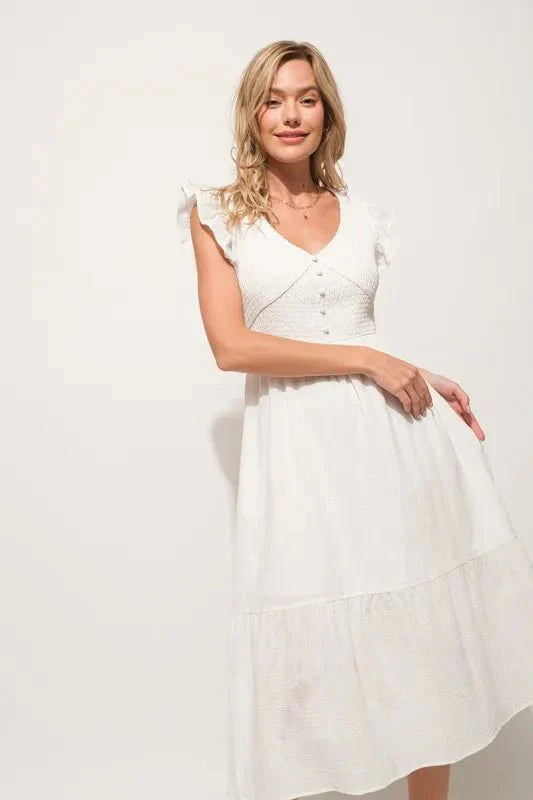 Midi Dress Ruffle Sleeve Smocked Tiered