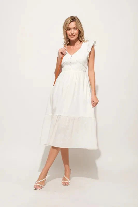 Midi Dress Ruffle Sleeve Smocked Tiered