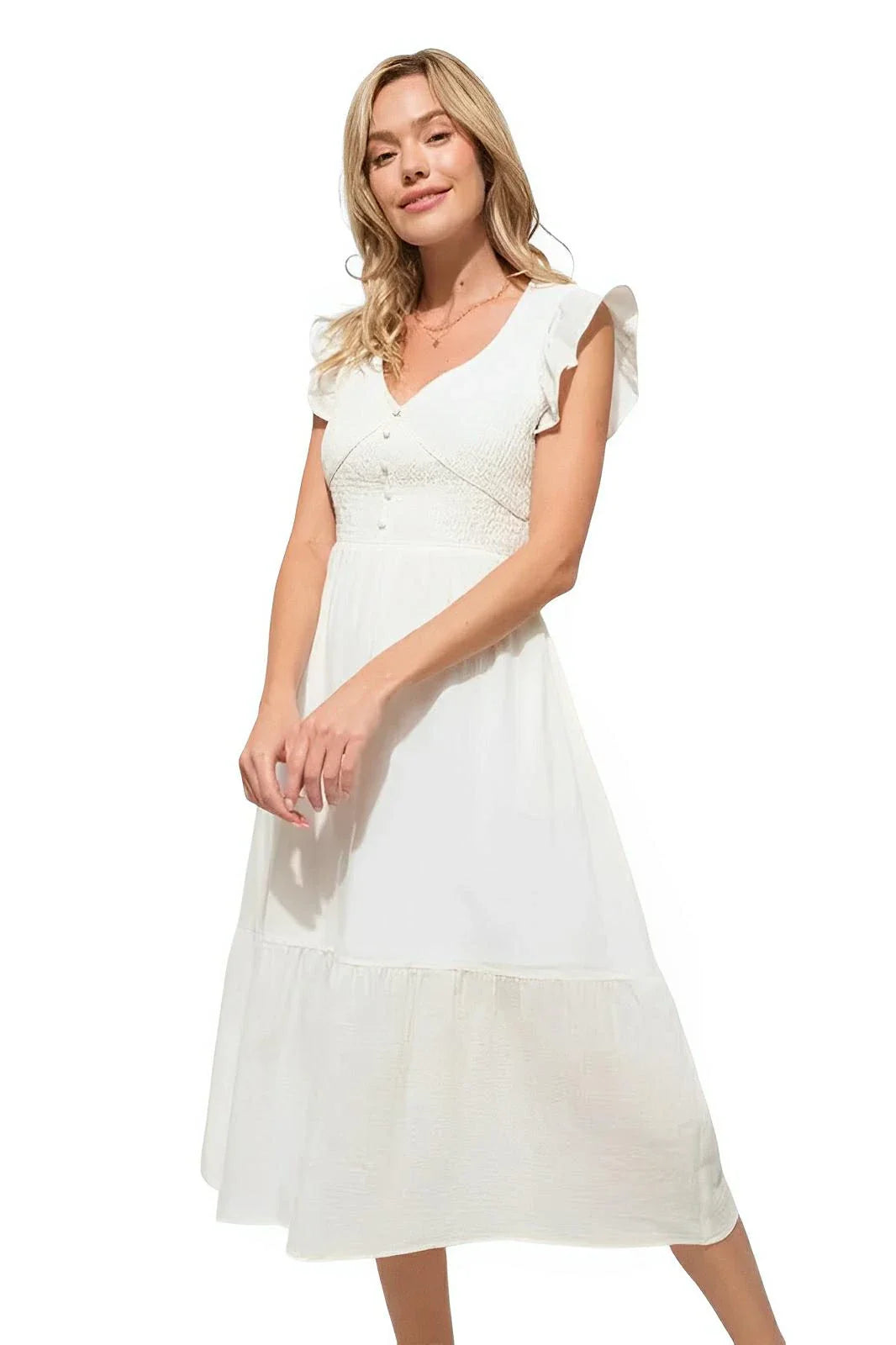 Midi Dress Ruffle Sleeve Smocked Tiered