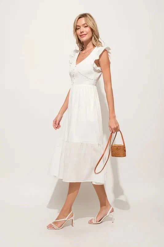 Midi Dress Ruffle Sleeve Smocked Tiered