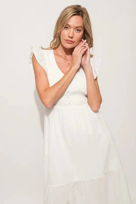 Midi Dress Ruffle Sleeve Smocked Tiered