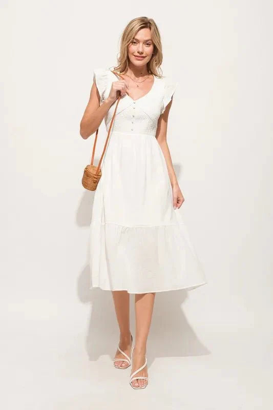 Midi Dress Ruffle Sleeve Smocked Tiered