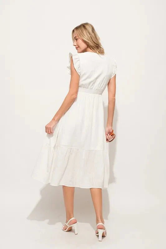 Midi Dress Ruffle Sleeve Smocked Tiered