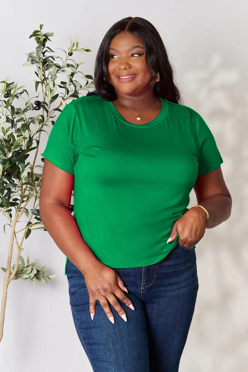 Soft stretch rayon short sleeve top – 95% rayon, crew neck