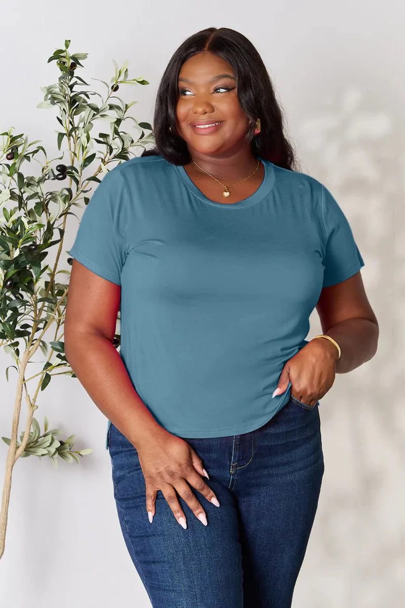Soft stretch rayon short sleeve top – 95% rayon, crew neck