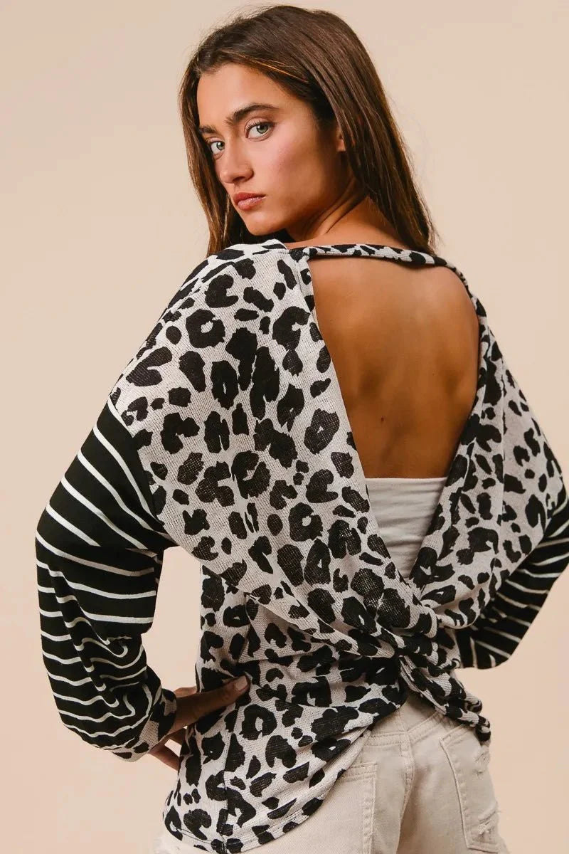 T-Shirt Casual Leopard Print With Striped Sleeves – Cotton