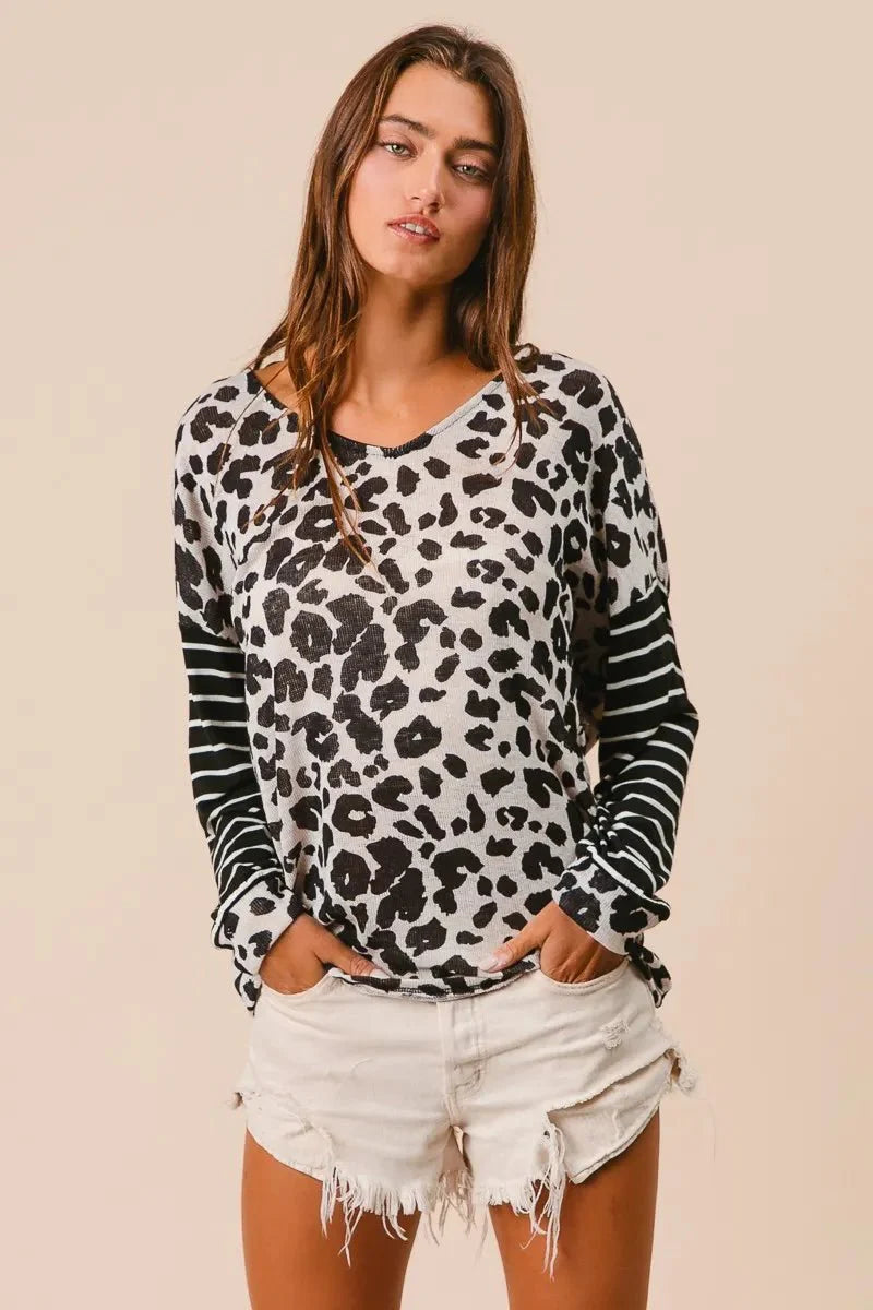 T-Shirt Casual Leopard Print With Striped Sleeves – Cotton