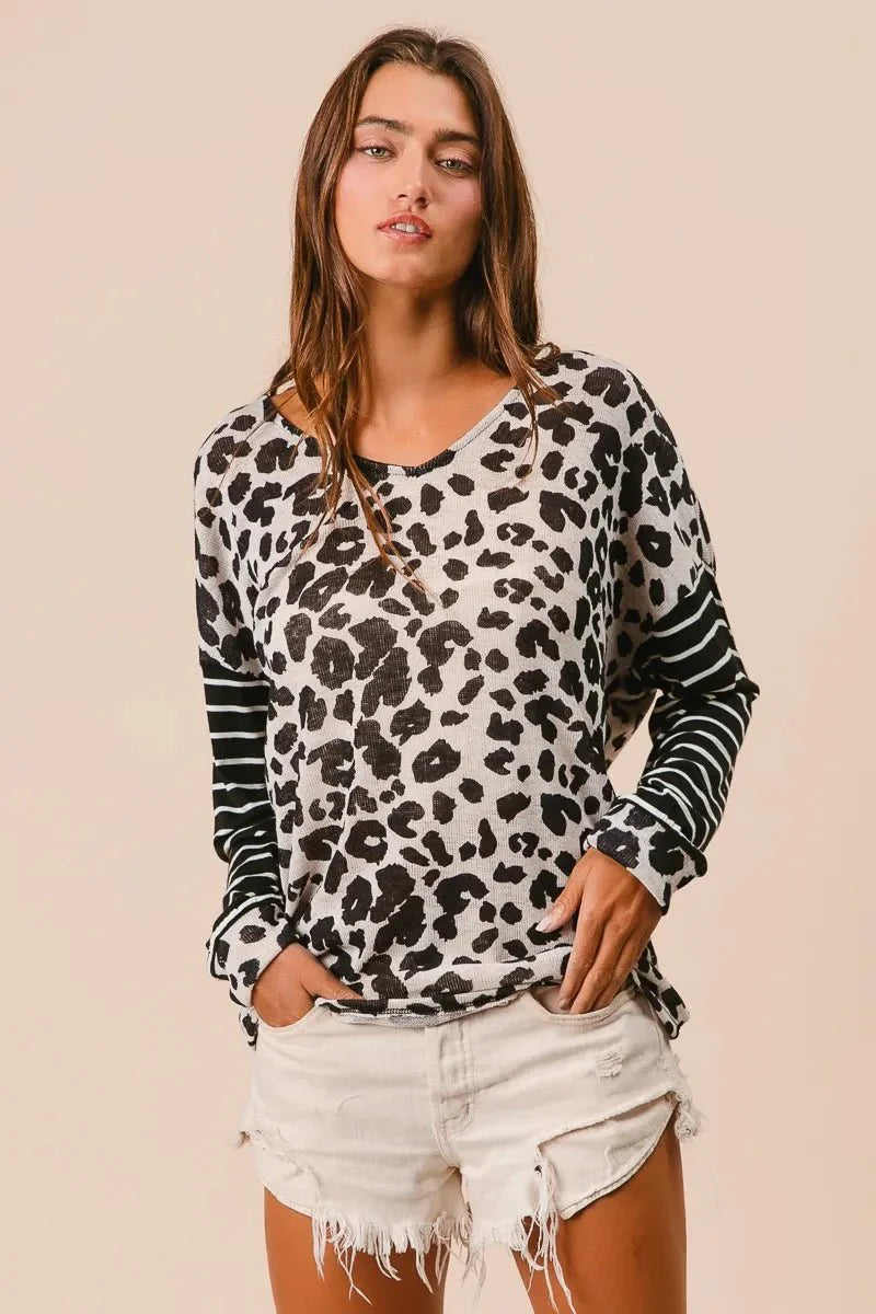 T-Shirt Casual Leopard Print With Striped Sleeves – Cotton