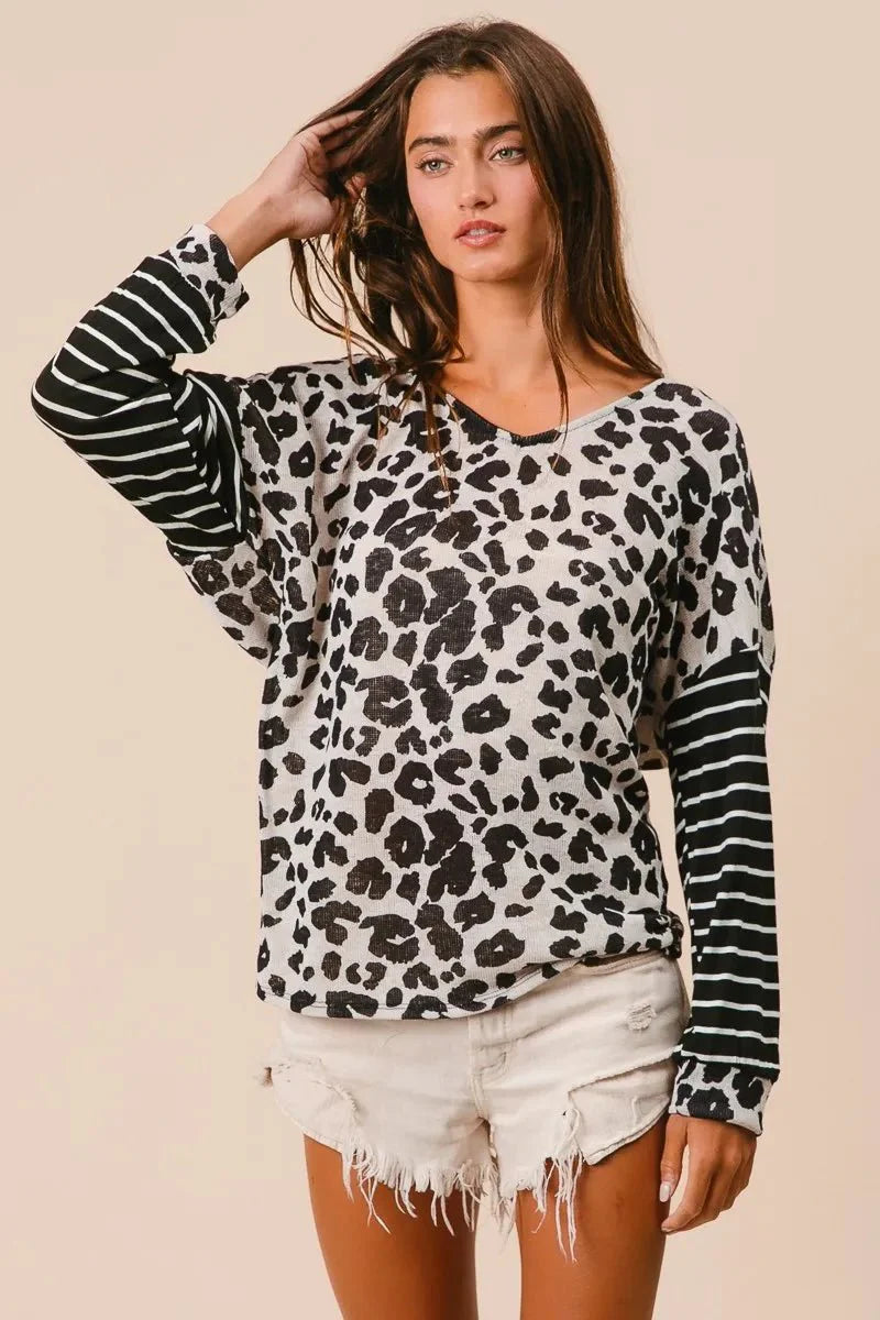 T-Shirt Casual Leopard Print With Striped Sleeves – Cotton