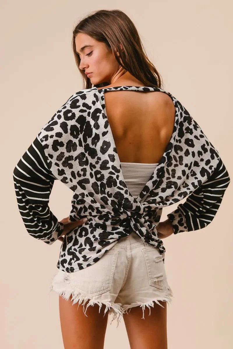 T-Shirt Casual Leopard Print With Striped Sleeves – Cotton
