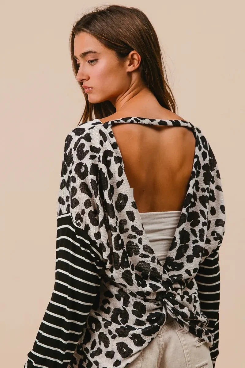 T-Shirt Casual Leopard Print With Striped Sleeves – Cotton