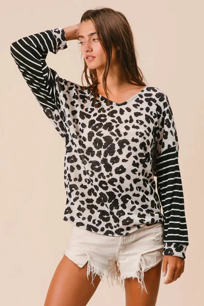 T-Shirt Casual Leopard Print With Striped Sleeves – Cotton