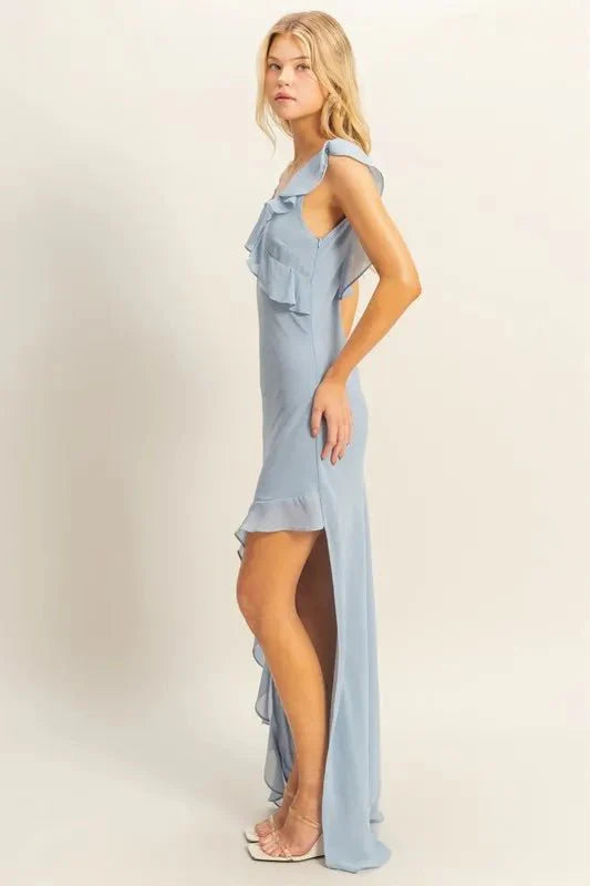 Midi Dress Chiffon Ruffle Trim With Elegant High-Low Hem