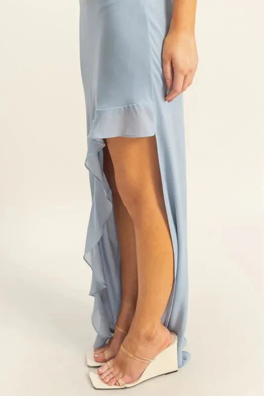 Midi Dress Chiffon Ruffle Trim With Elegant High-Low Hem
