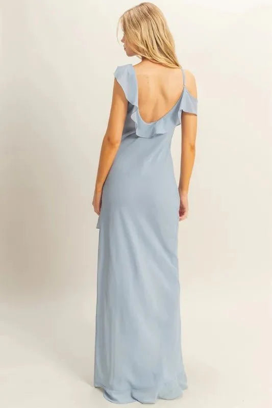 Midi Dress Chiffon Ruffle Trim With Elegant High-Low Hem