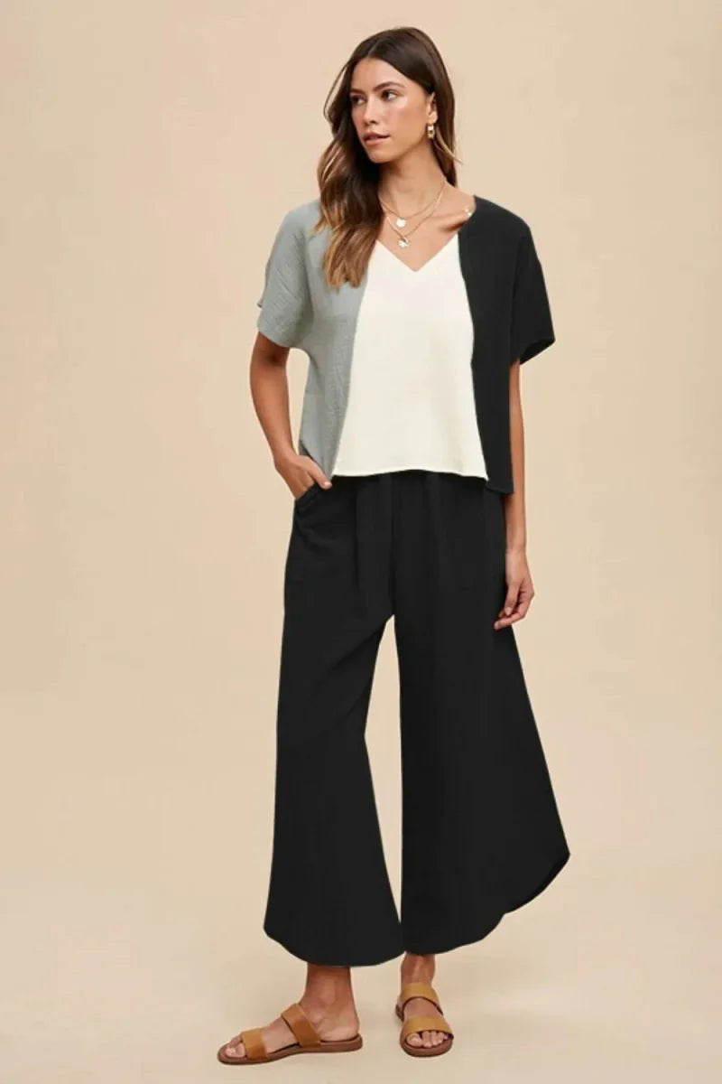 Top Color Block Cotton Gauze V-Neck for Summer Looks