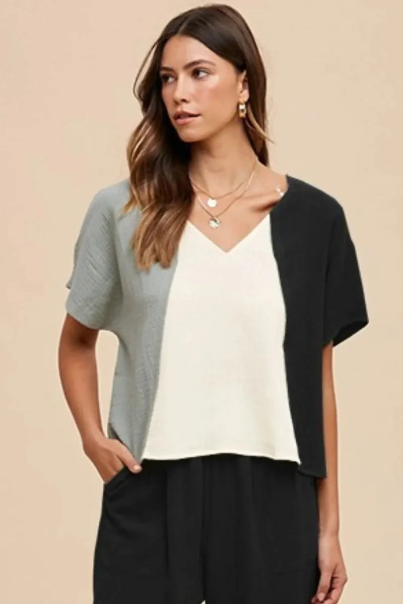 Top Color Block Cotton Gauze V-Neck for Summer Looks