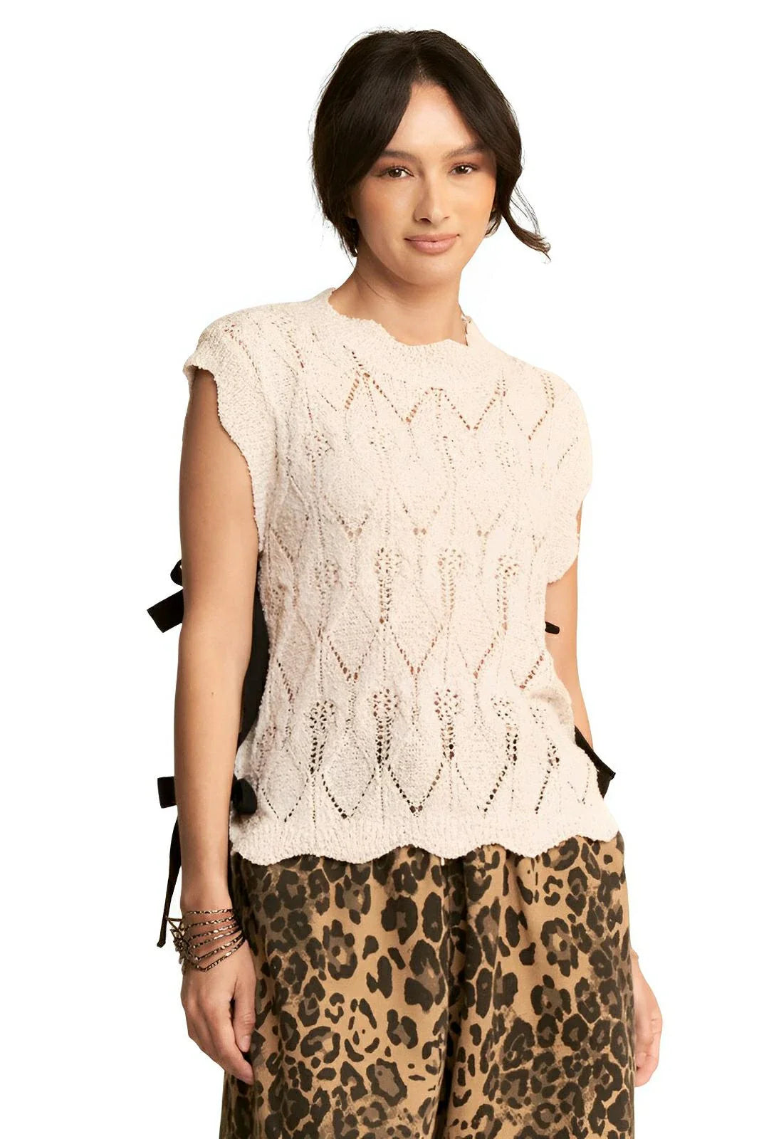 Ribbon Bow Tie Scalloped Trim Crop Top - Knit Short Sleeve Women's Y2K