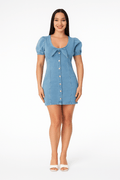 Dress Denim Puff Sleeve Mini Button-Up Summer Casual