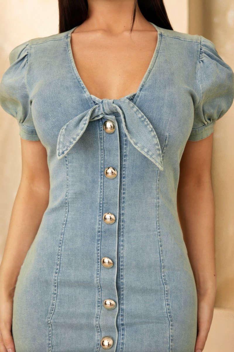 Dress Denim Puff Sleeve Mini Button-Up Summer Casual