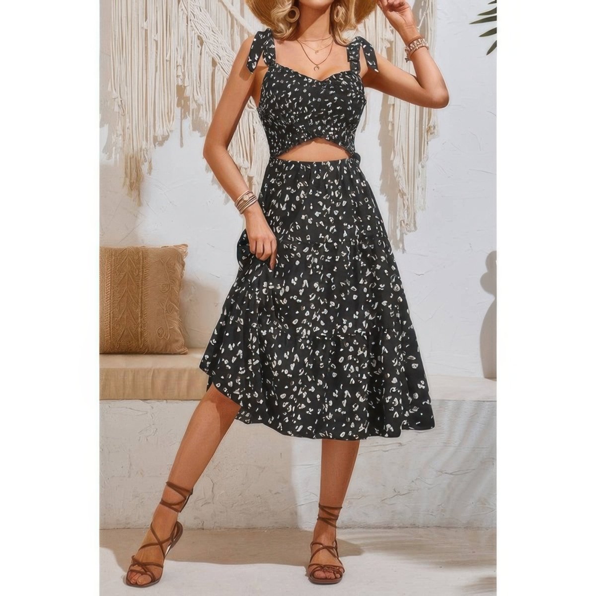Dress square neck leopard cut-out elastic waist casual wear