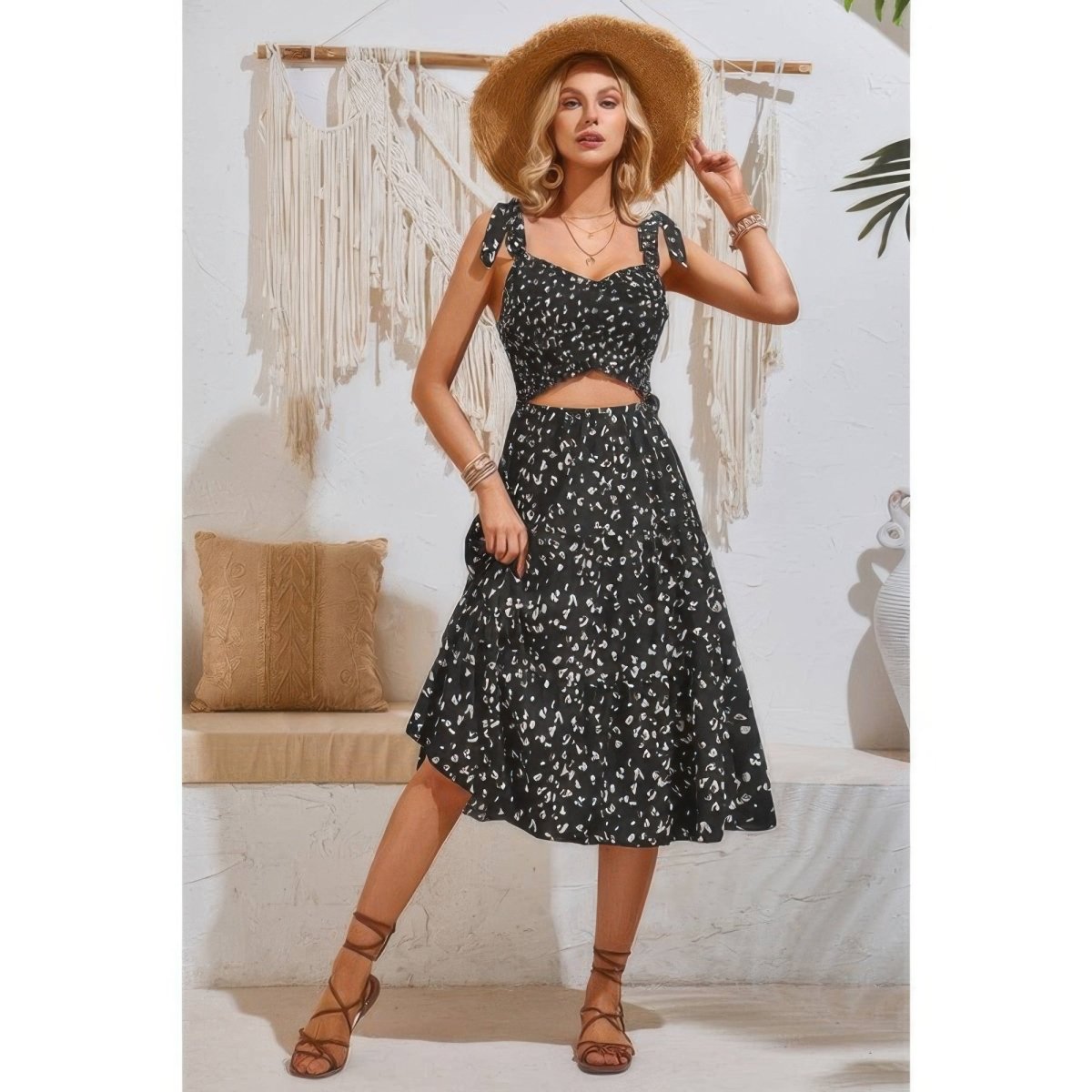Dress square neck leopard cut-out elastic waist casual wear