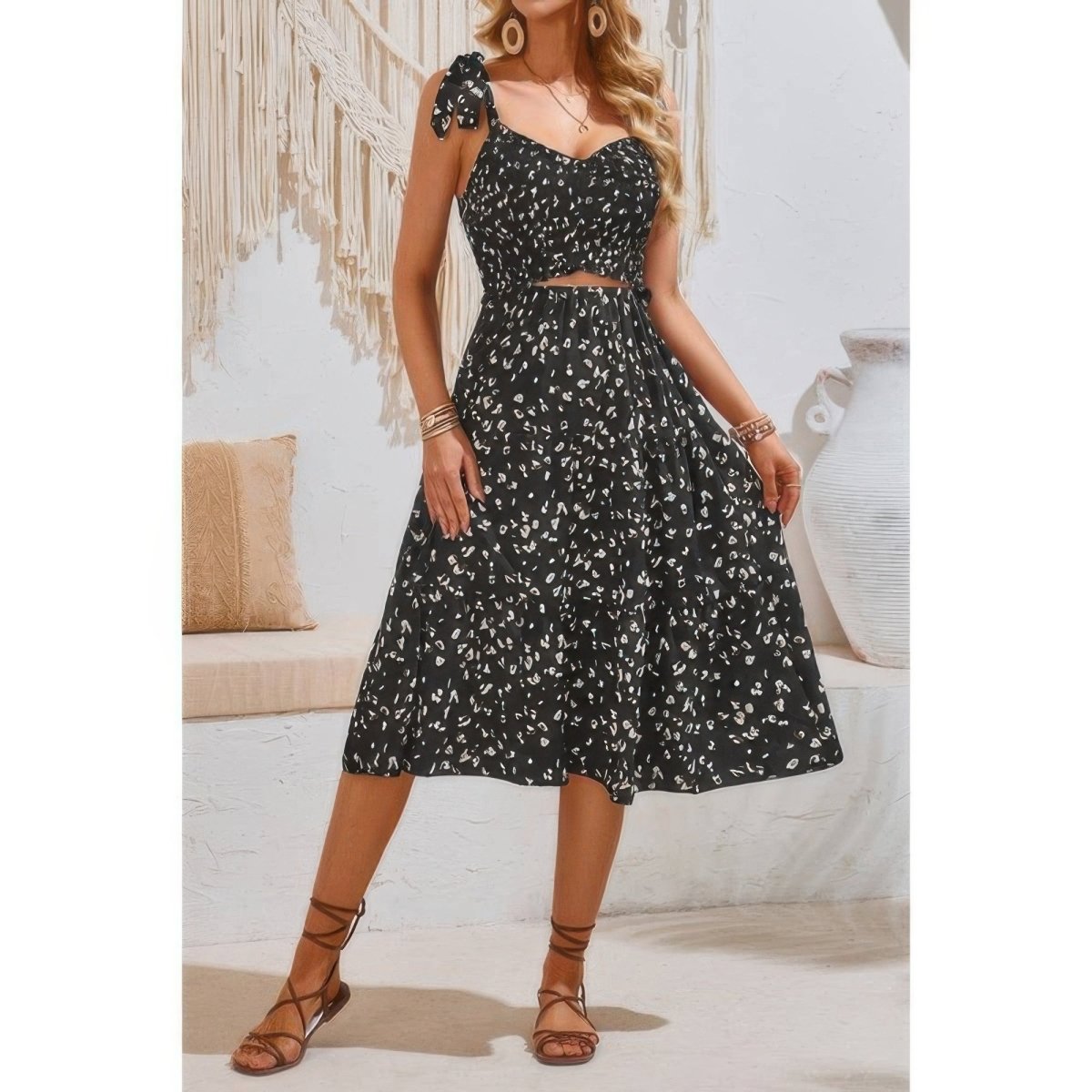 Dress square neck leopard cut-out elastic waist casual wear