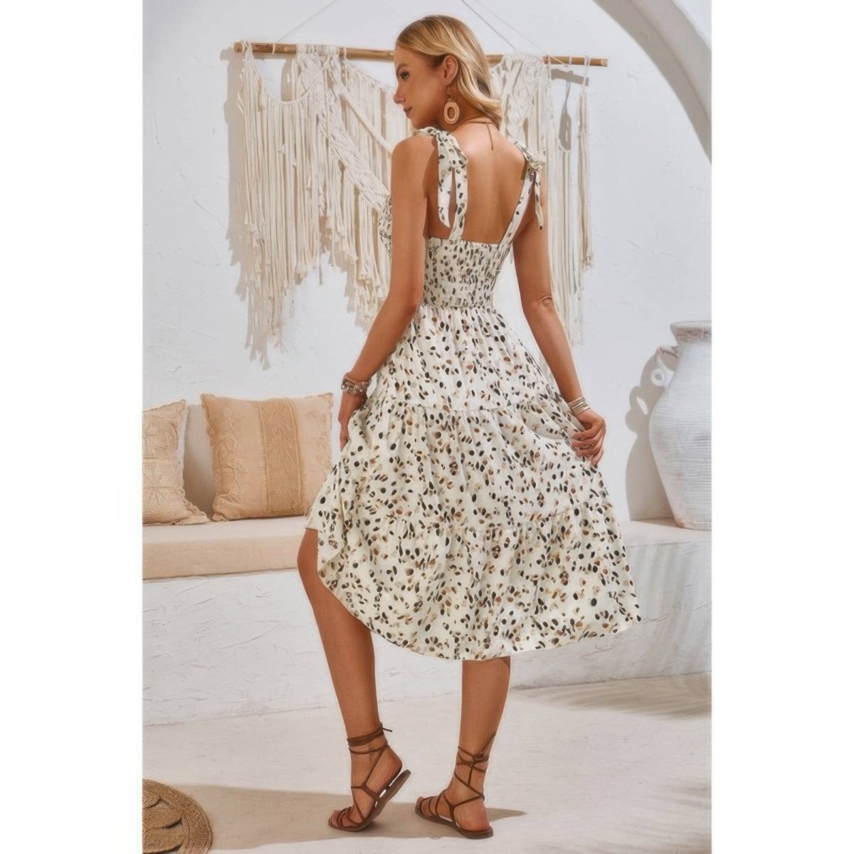 Dress square neck leopard cut-out elastic waist casual wear