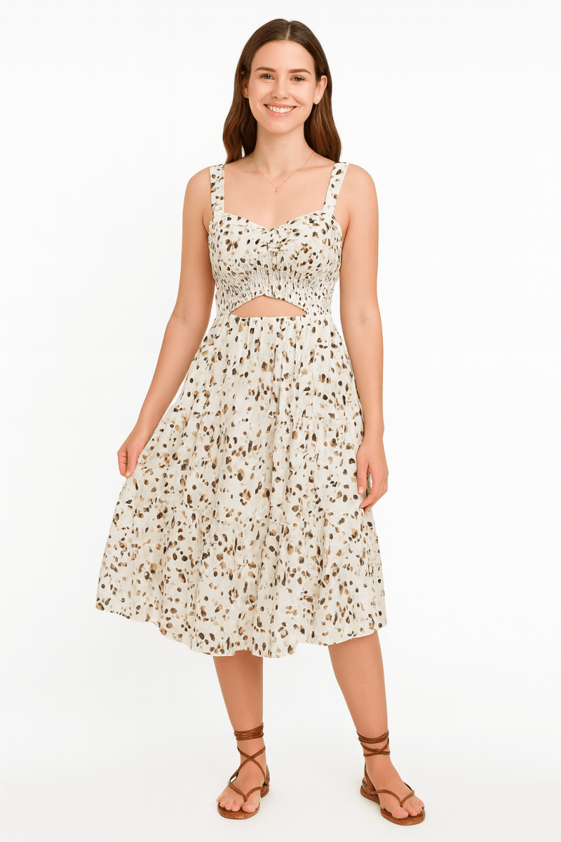 Dress square neck leopard cut-out elastic waist casual wear