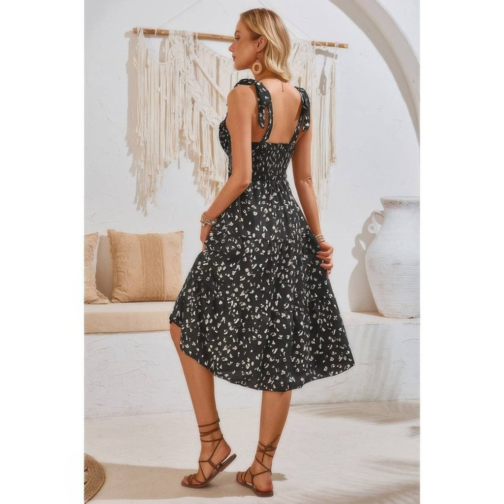 Dress square neck leopard cut-out elastic waist casual wear