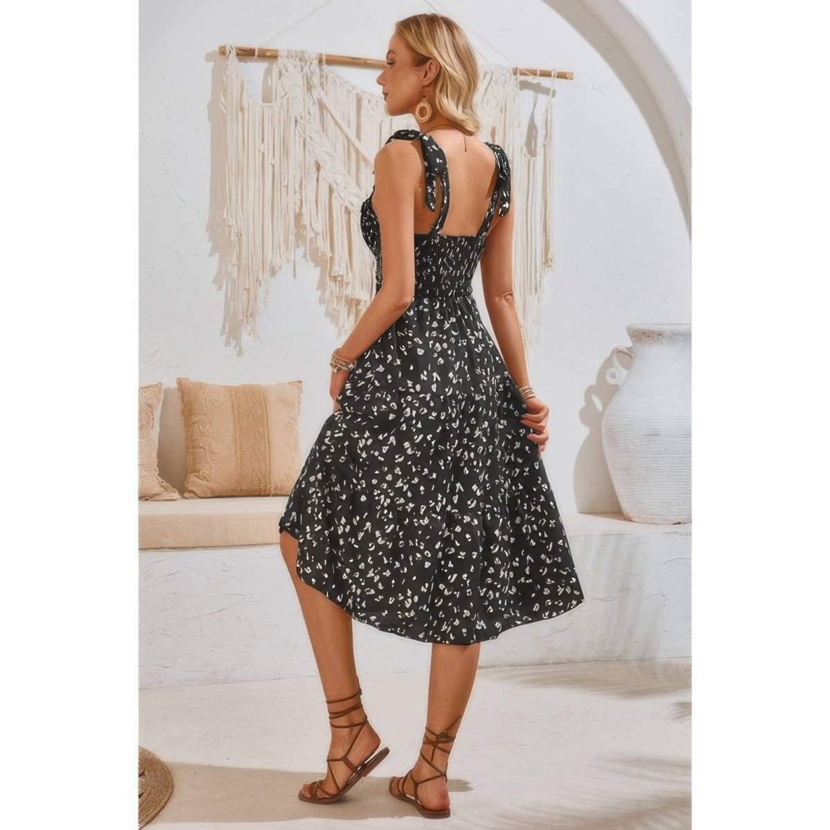 Dress square neck leopard cut-out elastic waist casual wear