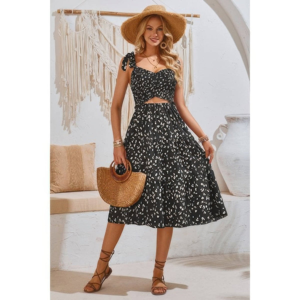 Dress square neck leopard cut-out elastic waist casual wear