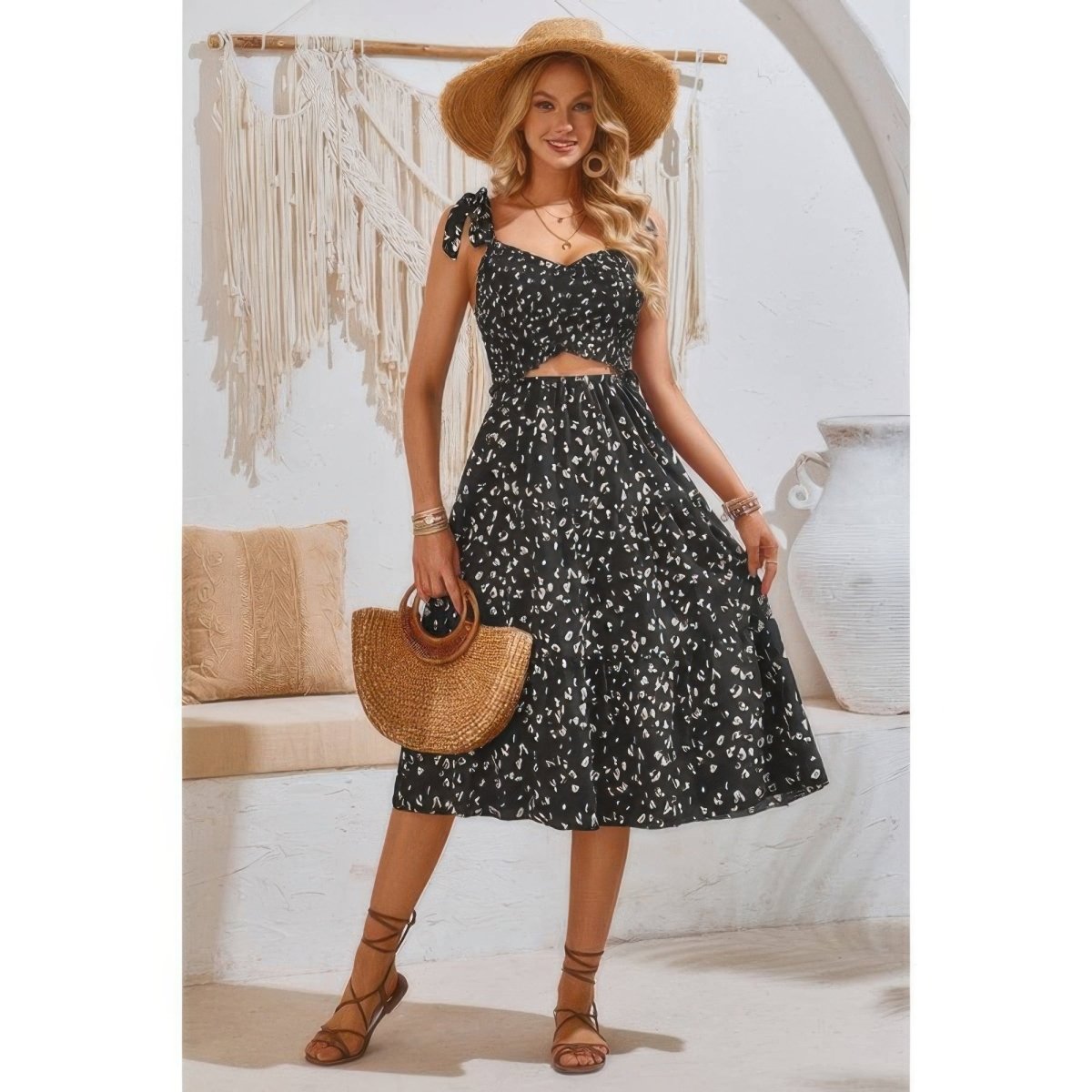 Dress square neck leopard cut-out elastic waist casual wear