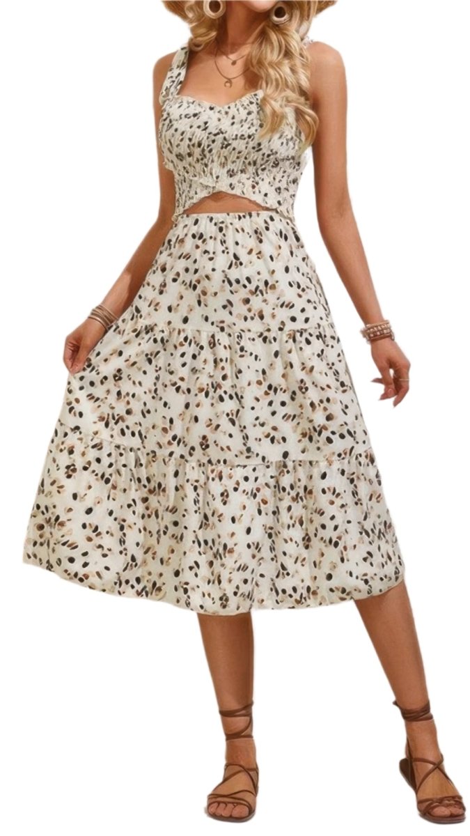 Dress square neck leopard cut-out elastic waist casual wear