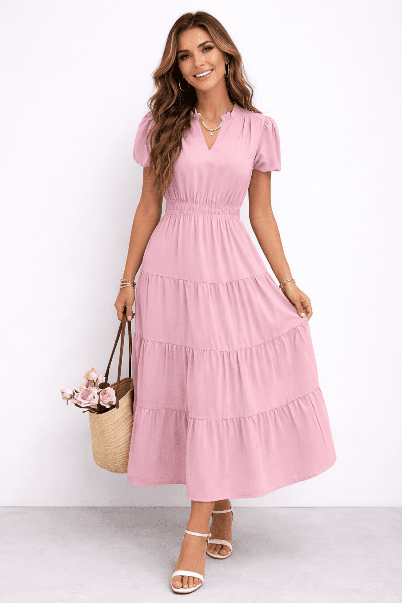 Dress V Neck Color Block Elastic Waist Casual Fit