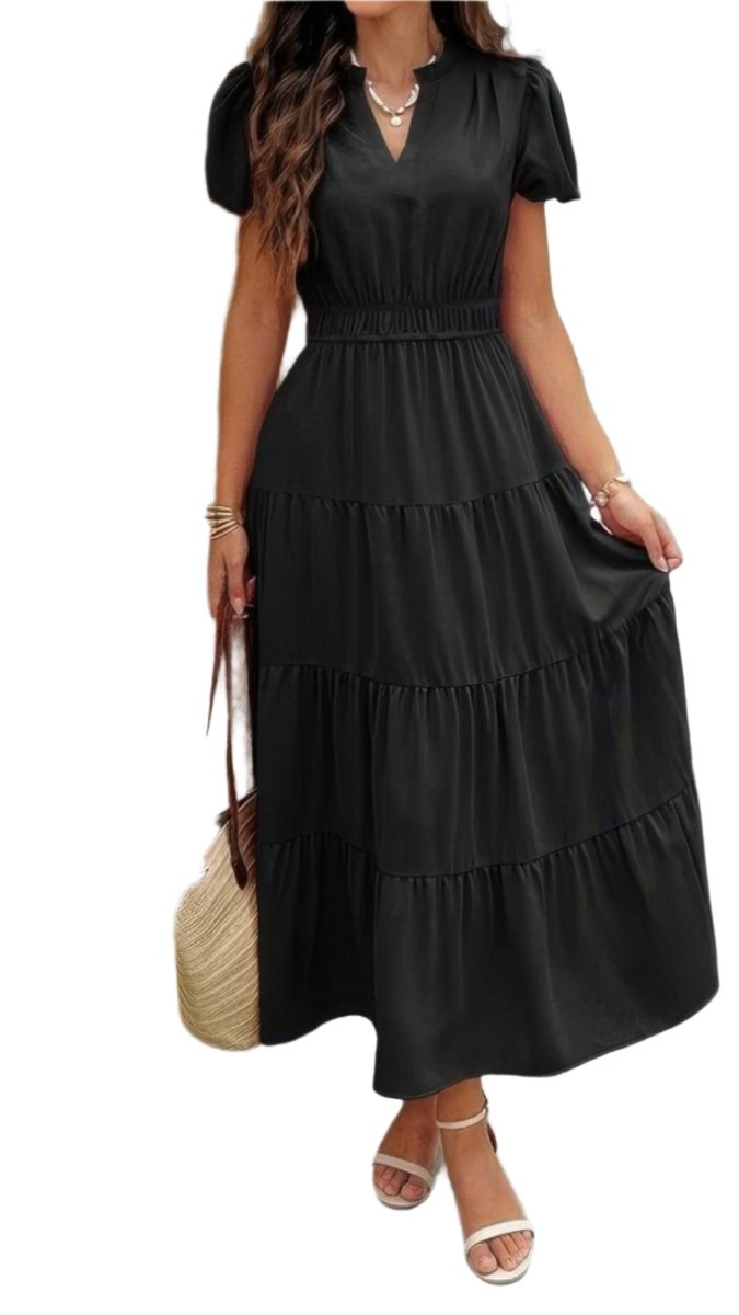 Dress V Neck Color Block Elastic Waist Casual Fit