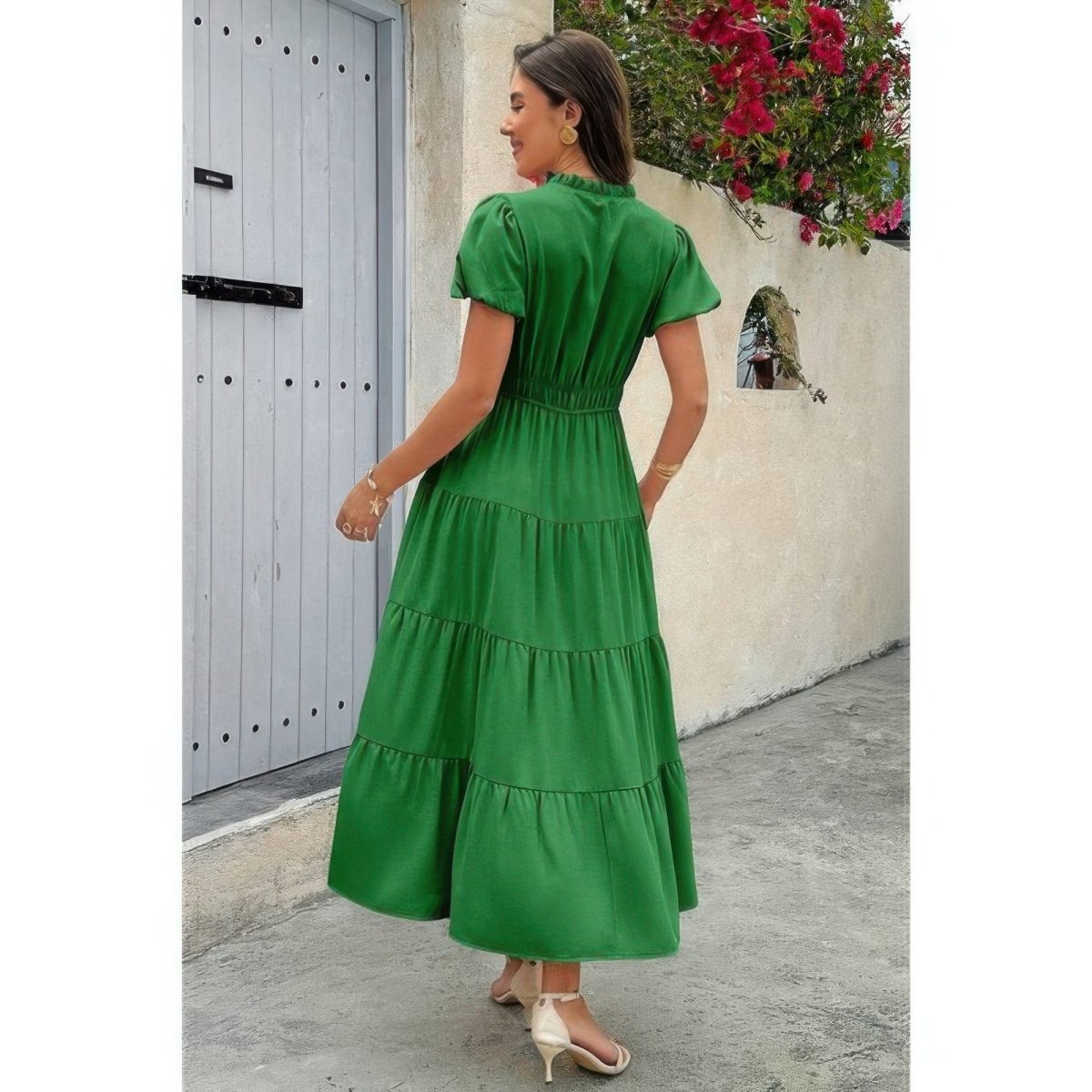 Dress V Neck Color Block Elastic Waist Casual Fit