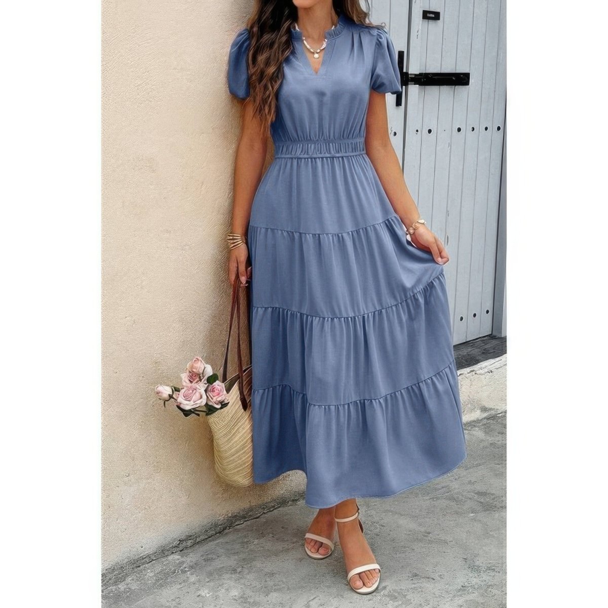Dress V Neck Color Block Elastic Waist Casual Fit