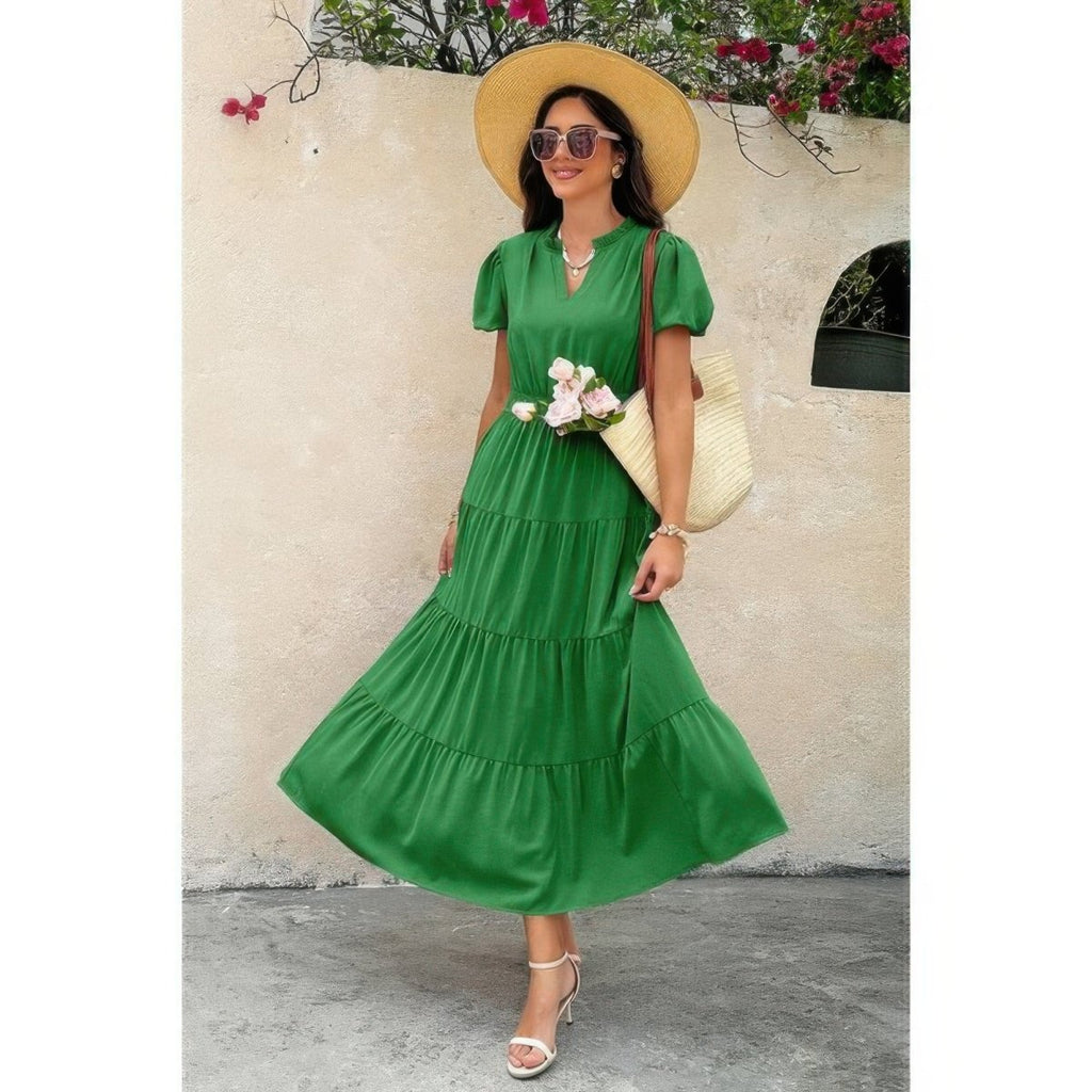 Dress V Neck Color Block Elastic Waist Casual Fit