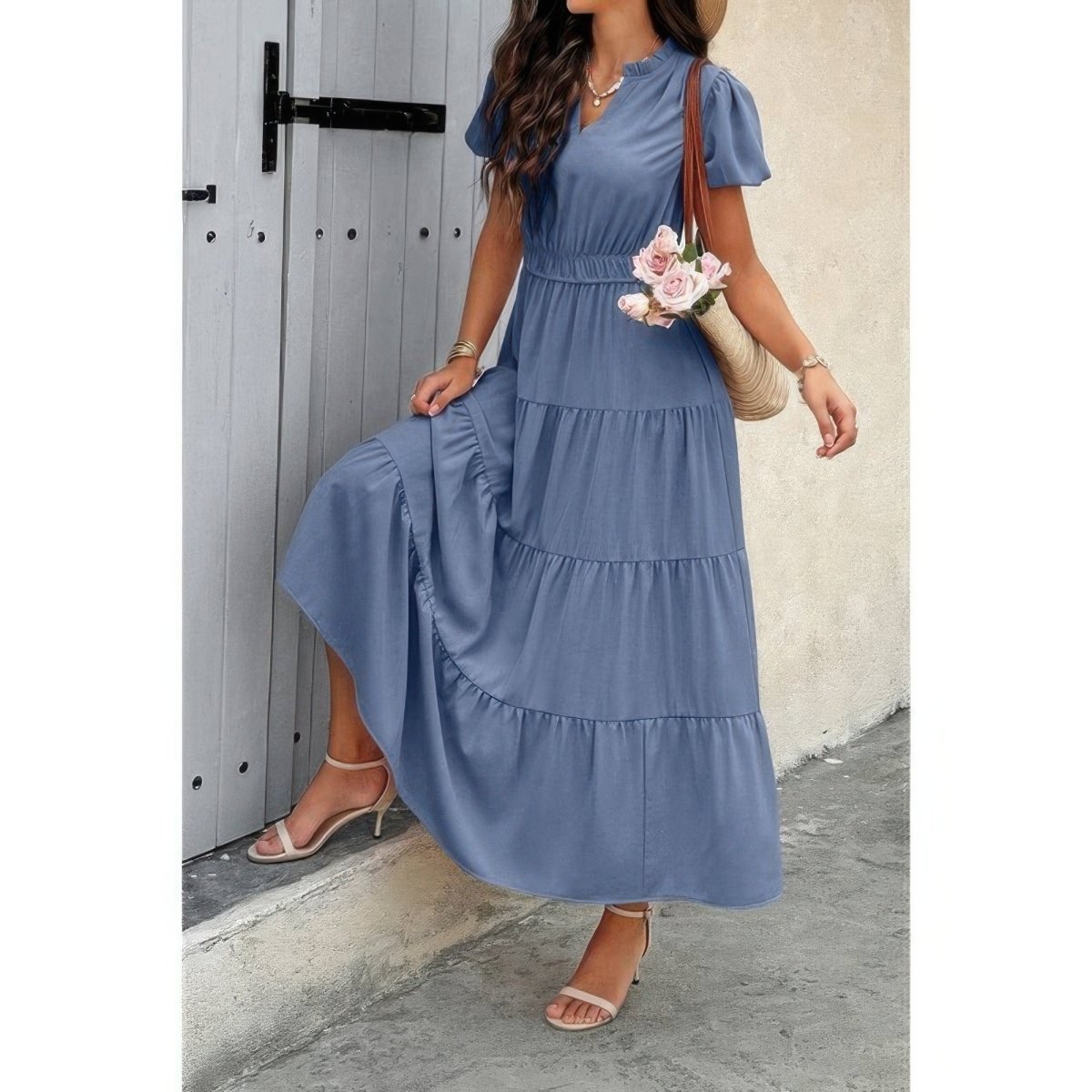 Dress V Neck Color Block Elastic Waist Casual Fit