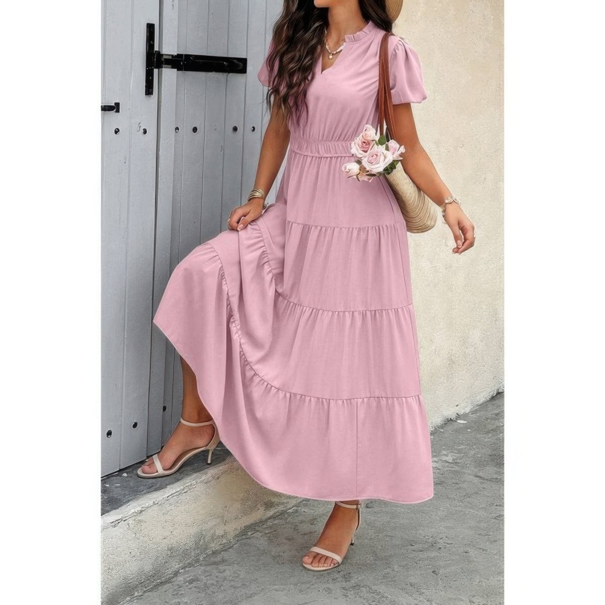 Dress V Neck Color Block Elastic Waist Casual Fit