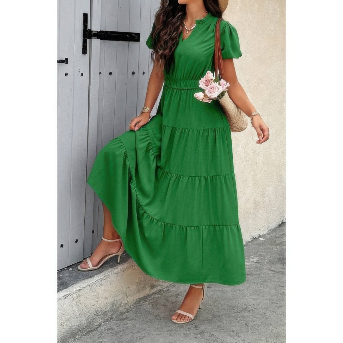 Dress V Neck Color Block Elastic Waist Casual Fit