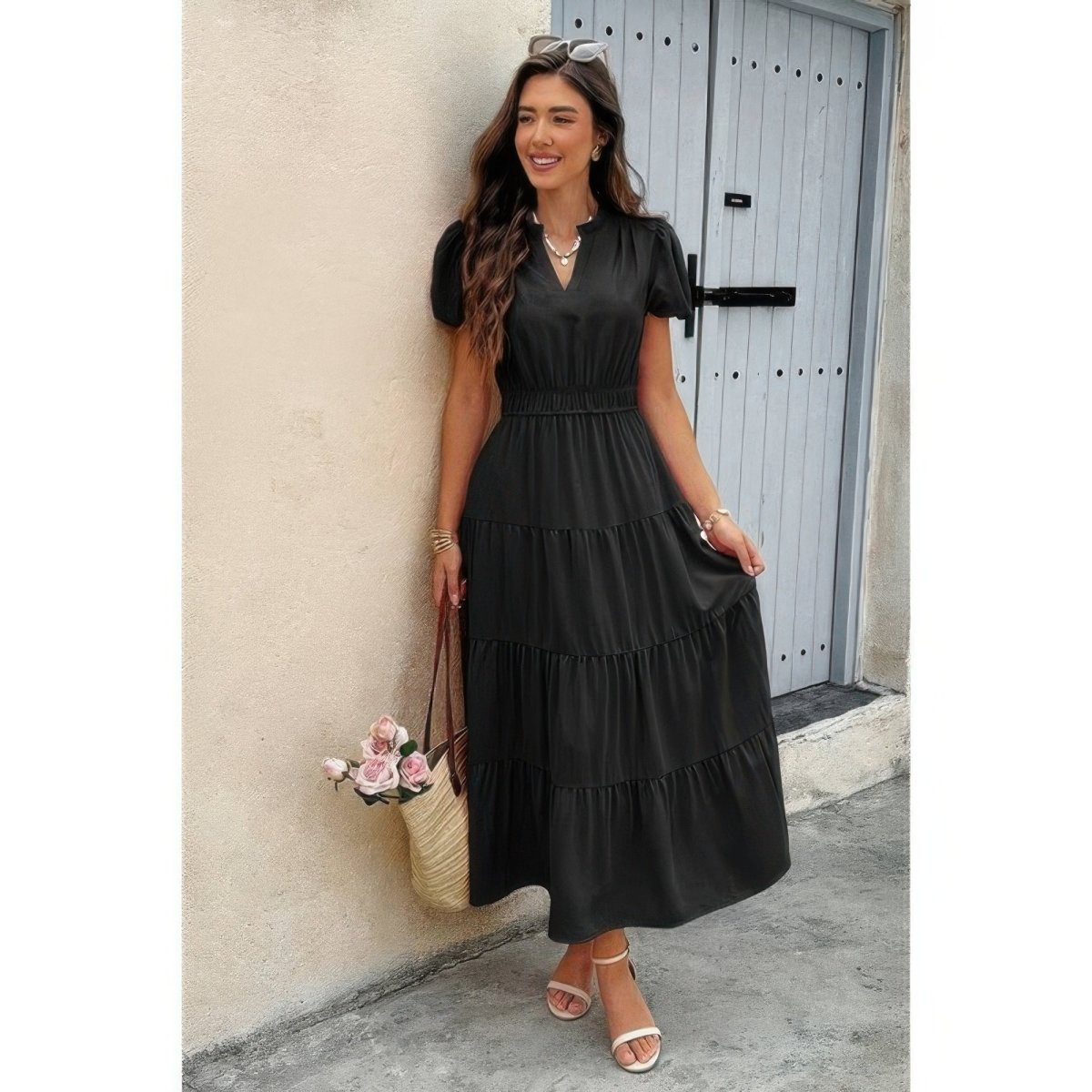 Dress V Neck Color Block Elastic Waist Casual Fit