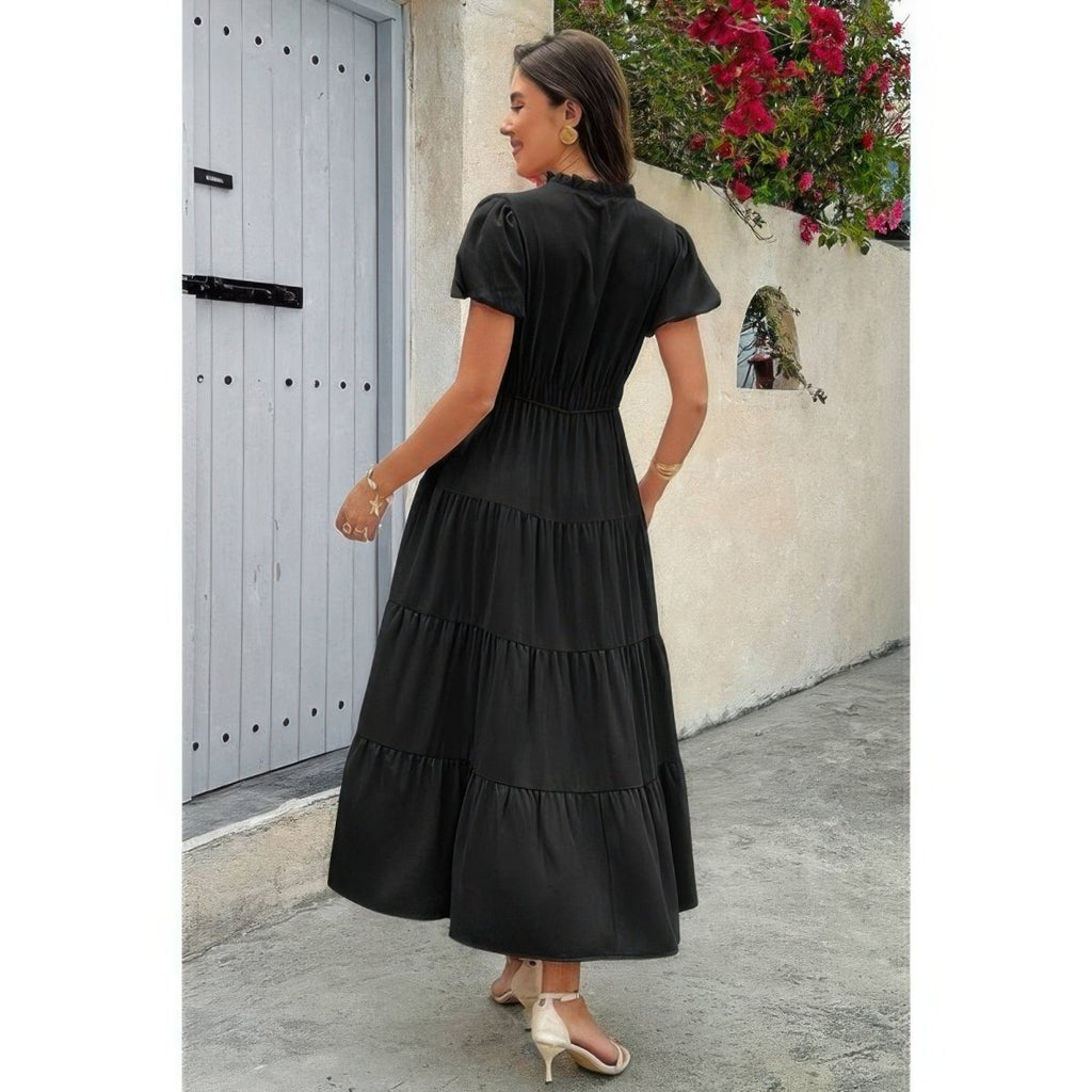 Dress V Neck Color Block Elastic Waist Casual Fit