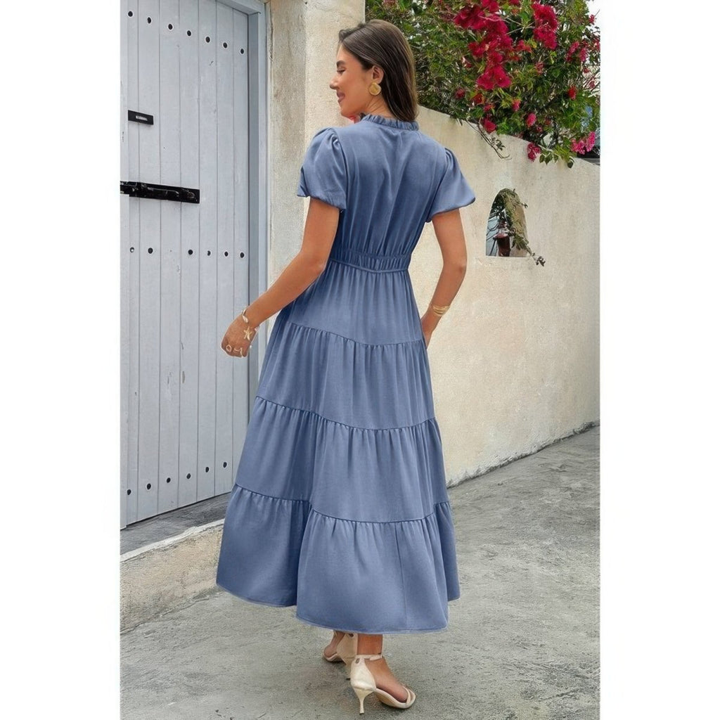 Dress V Neck Color Block Elastic Waist Casual Fit