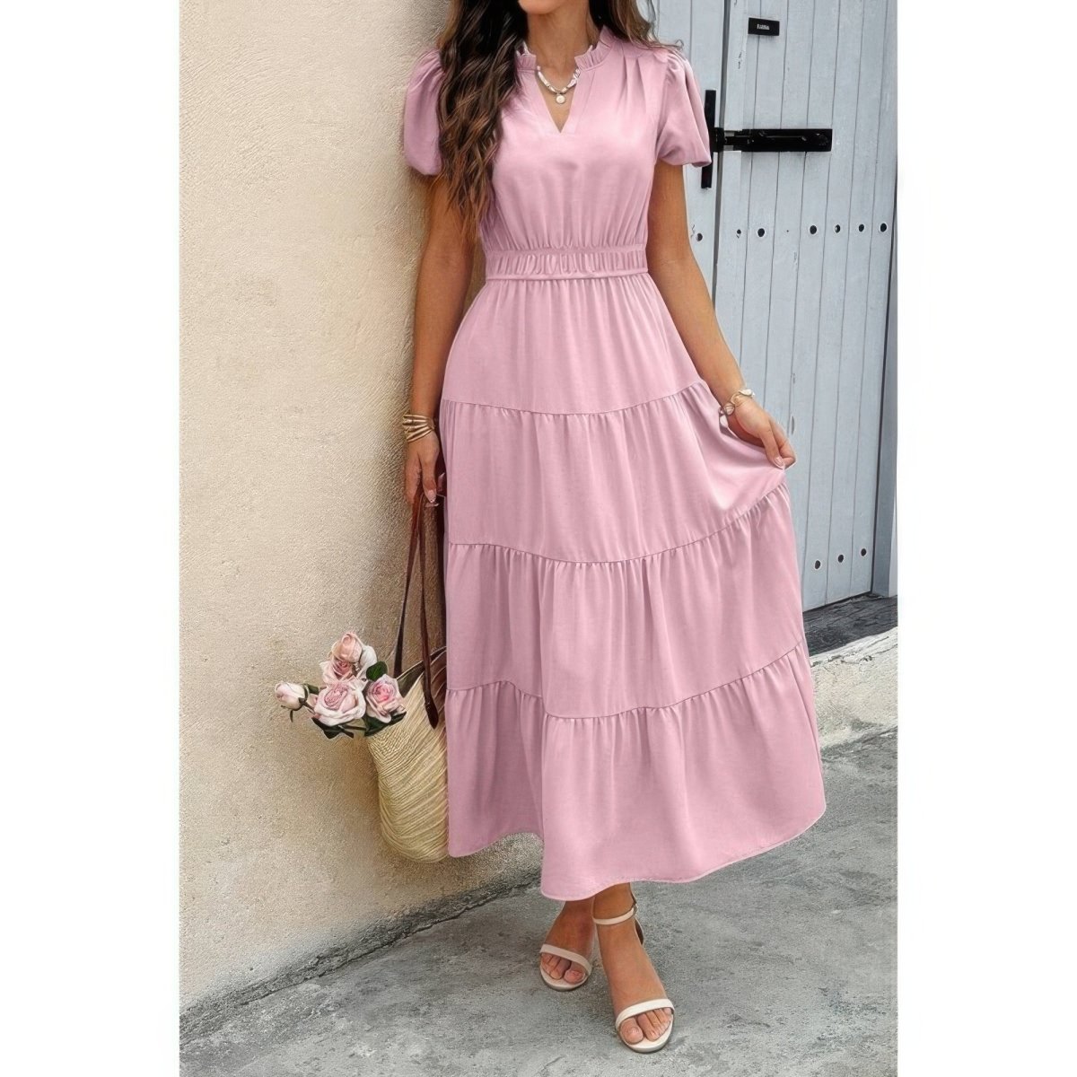 Dress V Neck Color Block Elastic Waist Casual Fit