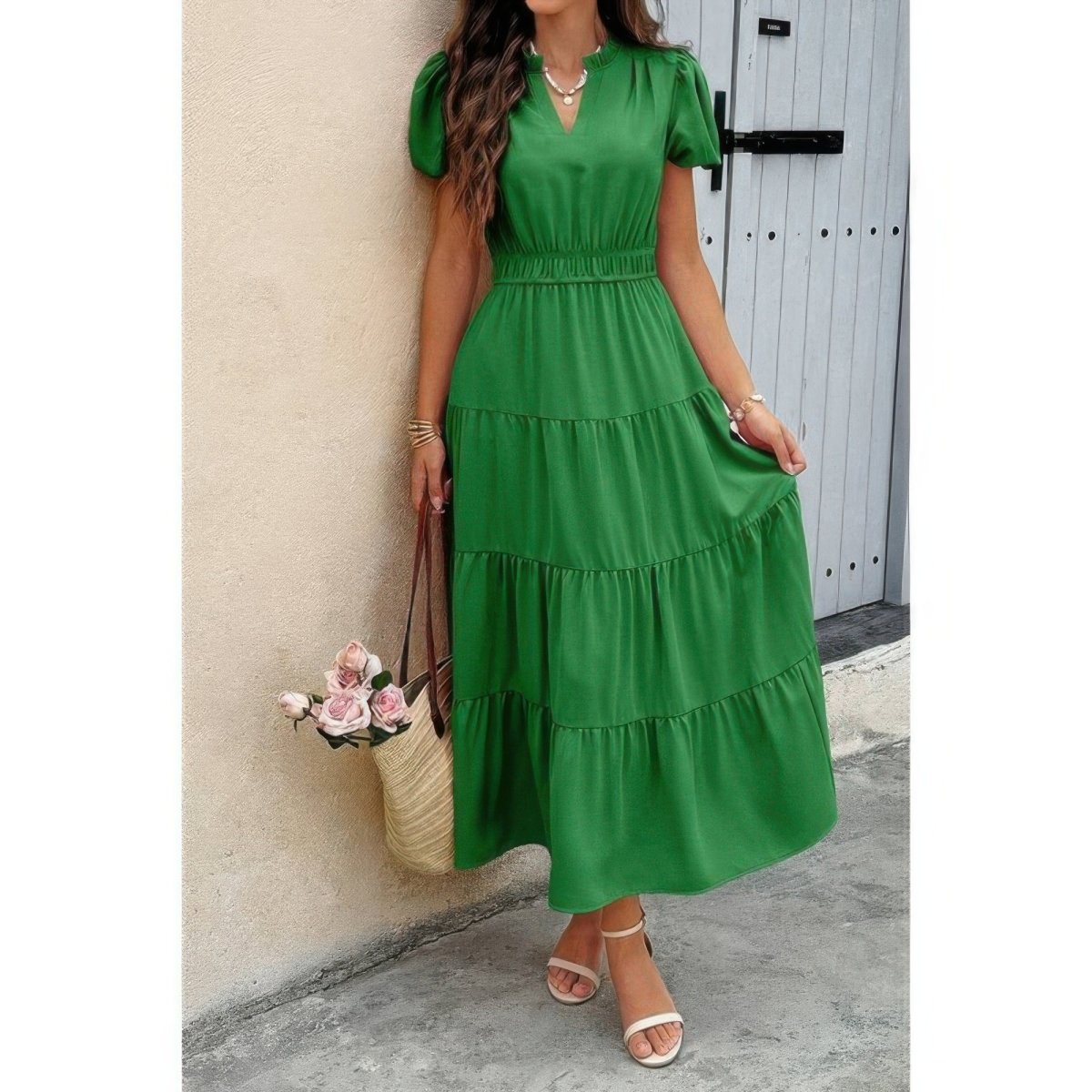 Dress V Neck Color Block Elastic Waist Casual Fit