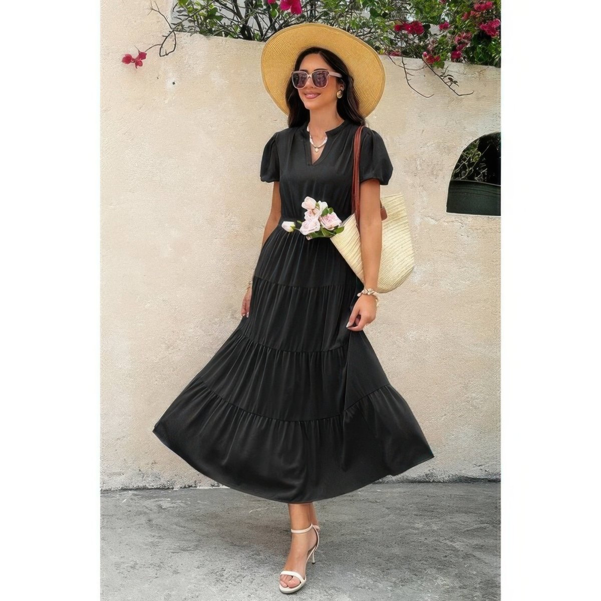 Dress V Neck Color Block Elastic Waist Casual Fit