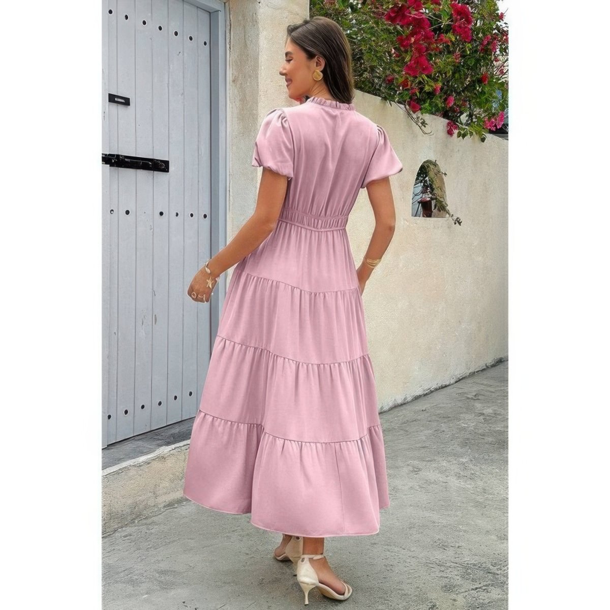Dress V Neck Color Block Elastic Waist Casual Fit